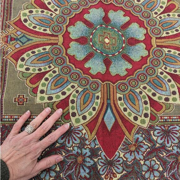 Vintage 2005 Giant Woven MANDALA TAPESTRY TASSELS Riddle Home & Gift ~ 52"x58" - Picture 3 of 7